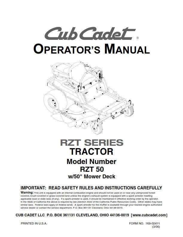 Cub Cadet - Operator Manual - RZT Series - RZT 50 - w/50" Mower Deck