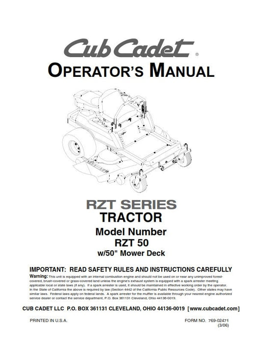 Cub Cadet - Operator Manual - RZT Series - RZT 50 - w/50" Mower Deck