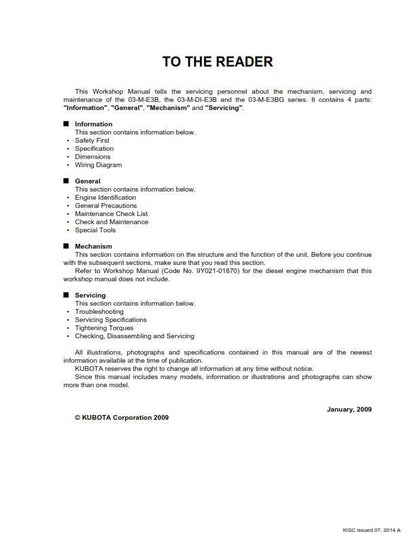 Kubota Diesel Engine - 2014 Edition -  03-M-E3B 03-M-DI-E3B 03-M-E3BG Series - Workshop Service Repair Manual