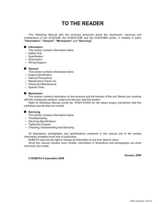 Kubota Diesel Engine - 2014 Edition -  03-M-E3B 03-M-DI-E3B 03-M-E3BG Series - Workshop Service Repair Manual