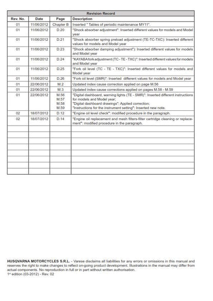 Husqvarna 2011 2012 2013 - Tc Te Txc Smr 449 511 Service Workshop Repair Manual