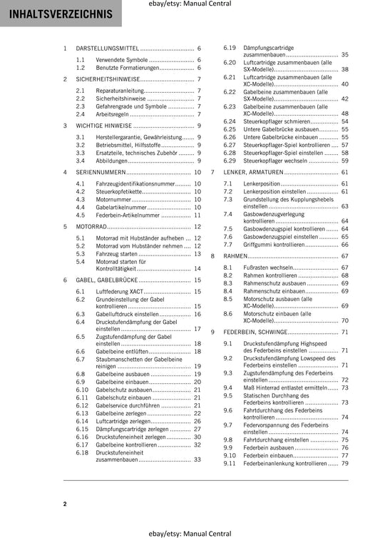 German Language - KTM 2023 - 250 300 Sx Xc - Reparaturanleitung - Service Workshop Repair Manual