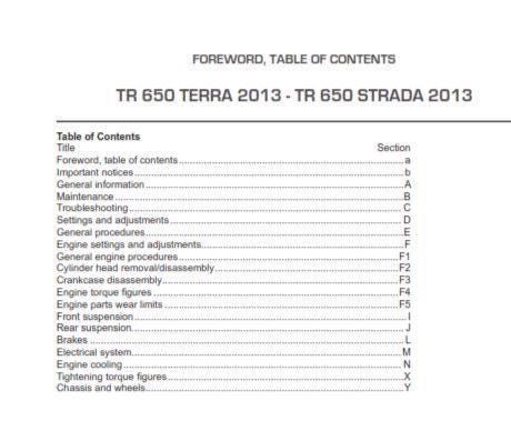 Husqvarna 2013 - TR 650 Terra Strada - Service Workshop Repair Manual
