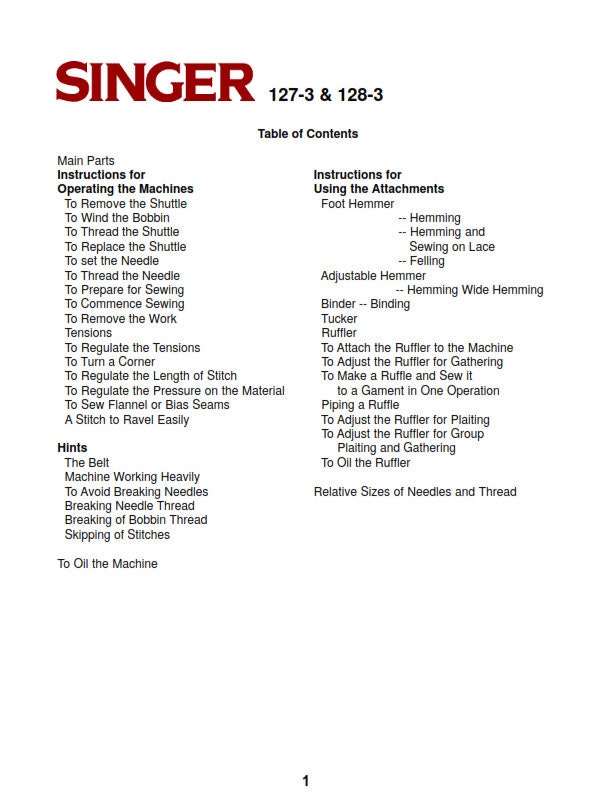 Singer 127-3 & 128-3 Sewing Machines - Vibrating Shuttle -  Instruction User Manual