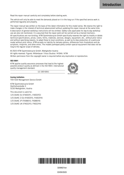 KTM 2025 - 125 Duke - Service Workshop Repair Manual
