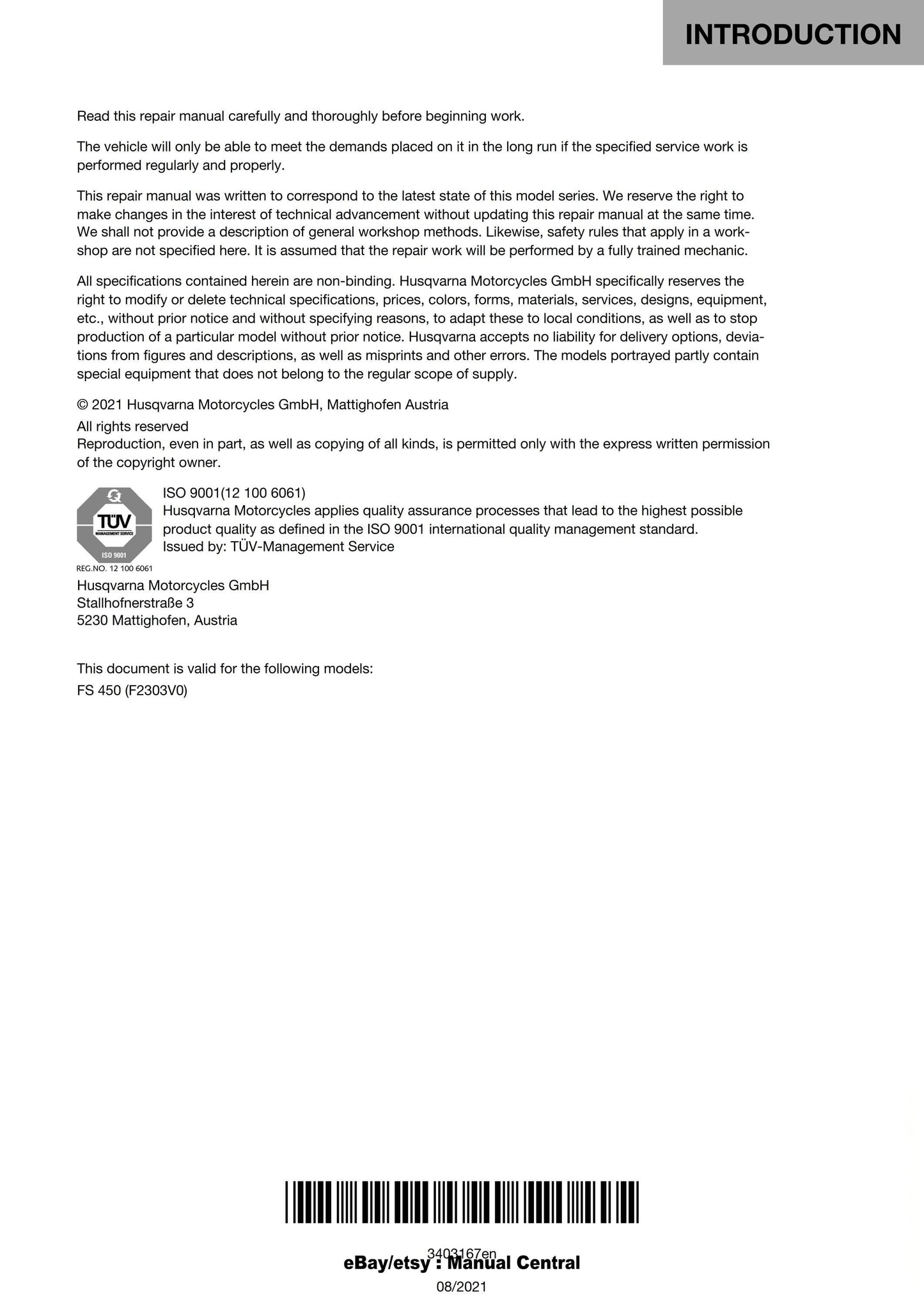 Husqvarna 2022 - FS 450 - Service Workshop Repair Manual