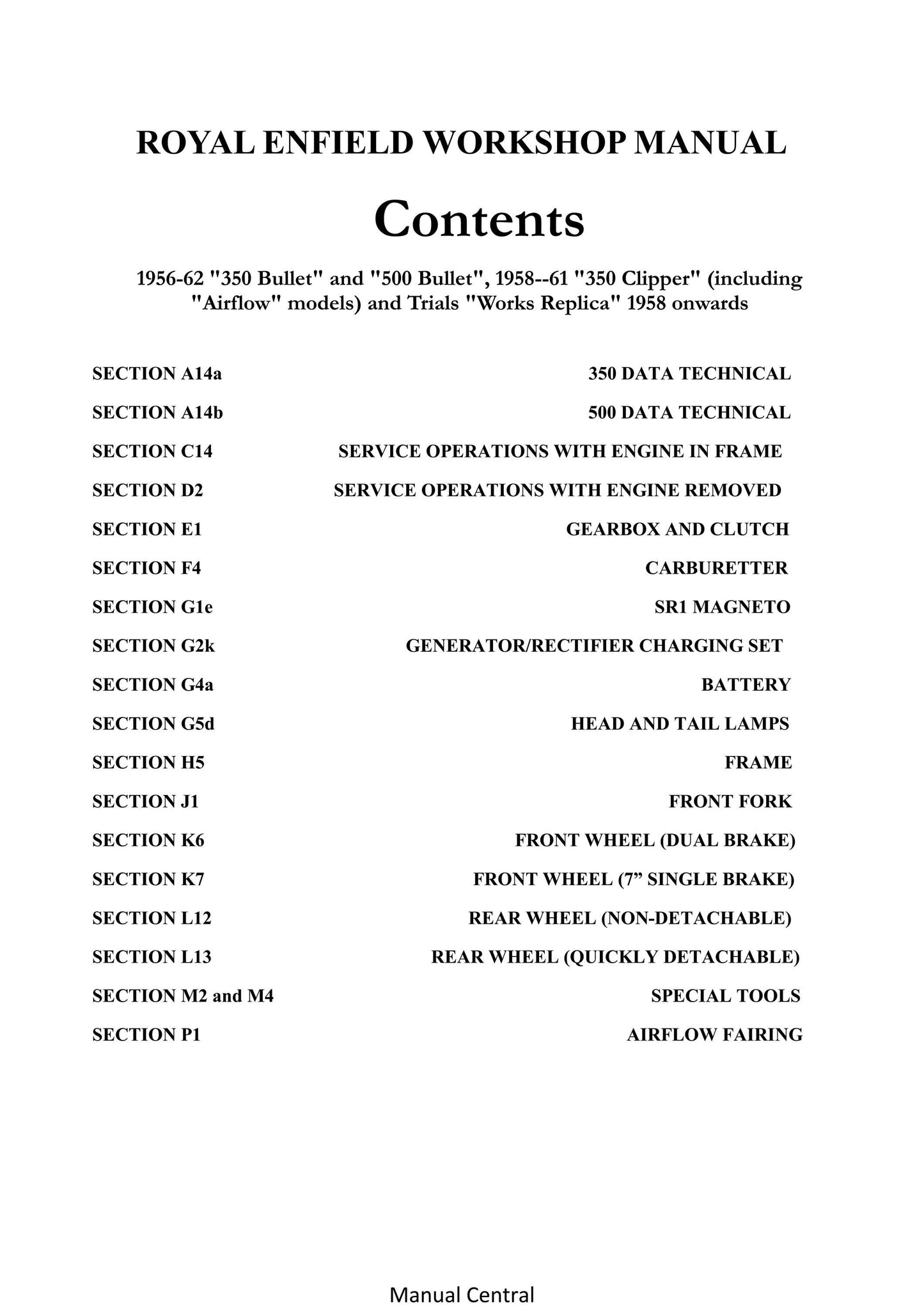 1956 to 1962 Royal Enfield 350 Bullet, 500 Bullet, 350 Clipper - Inc Airflow and Trials Works Replica -  Workshop Service Repair Manual