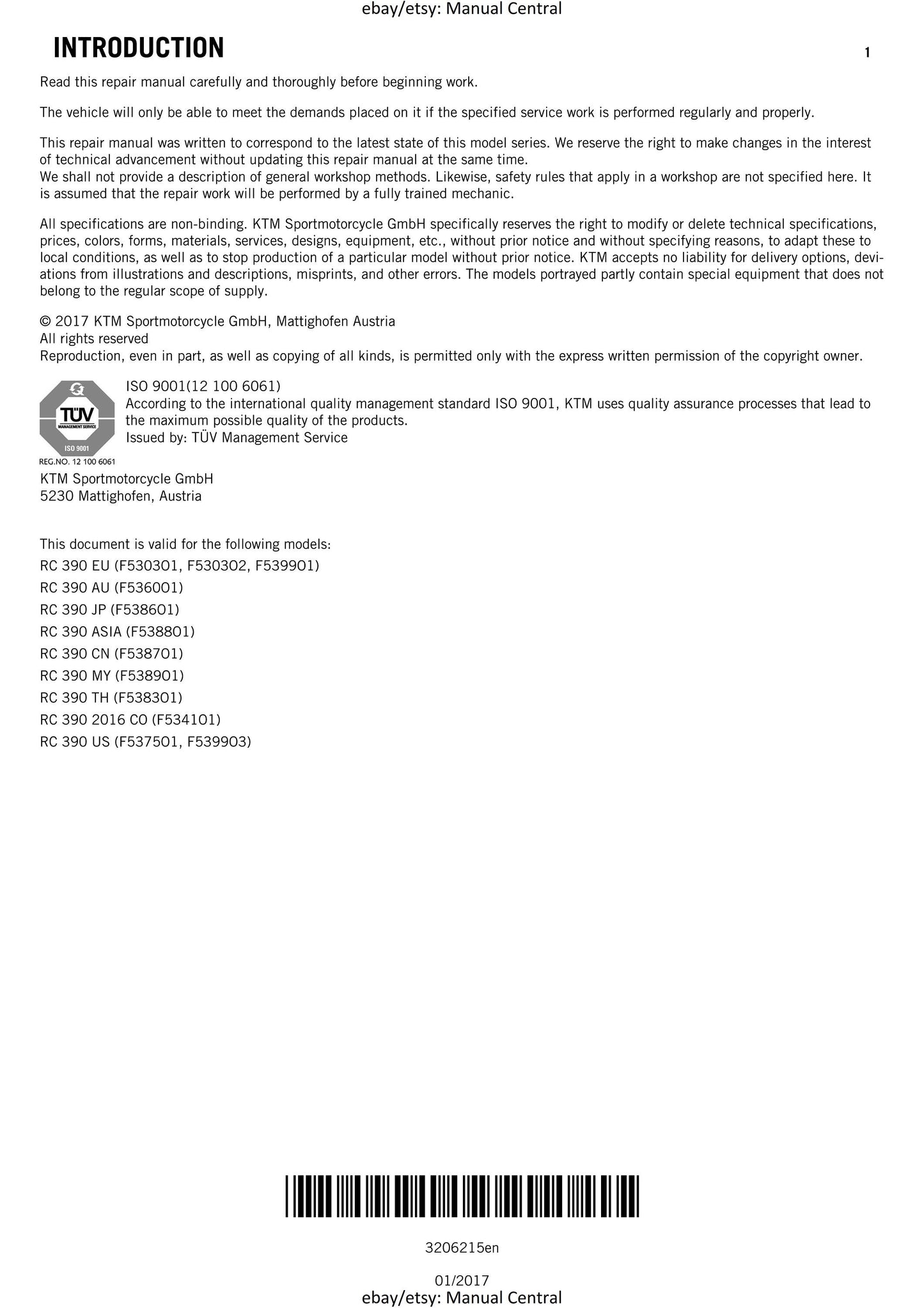 KTM 2015 - RC 390 - Service Workshop Repair Manual