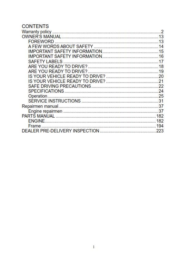 Joyner Off Road Vehicle - JNSZ2000SR Owners Parts Manual