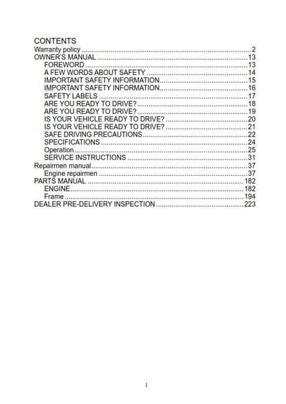 Joyner Off Road Vehicle - JNSZ2000SR Owners Parts Manual