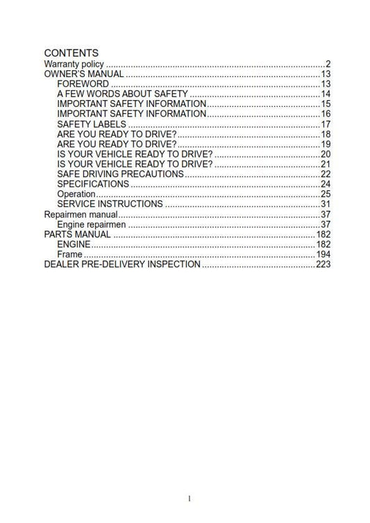 Joyner Off Road Vehicle - JNSZ2000SR Owners Parts Manual