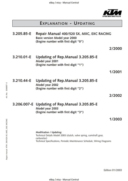 KTM 2000 2001 2002 2003 - 250 400 450 520 525 Sx Mxc Exc Racing - Engine Workshop Service Repair Manual
