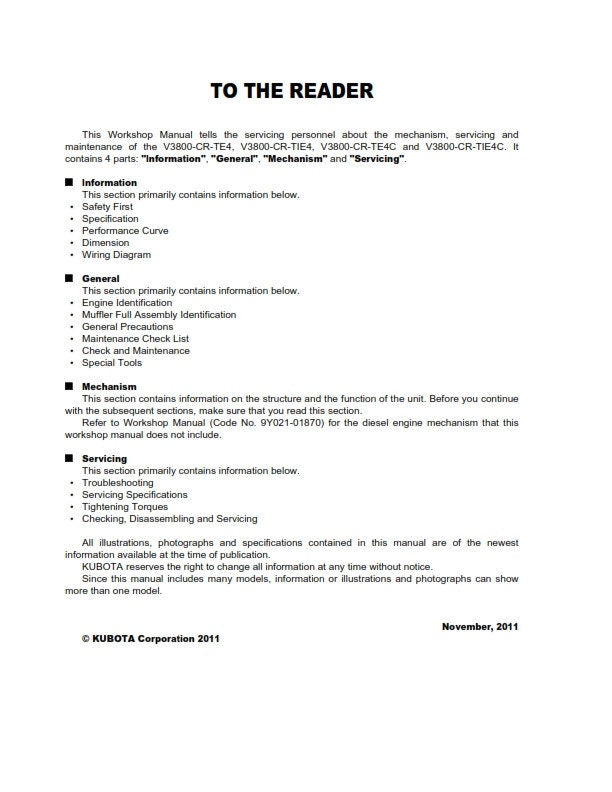 Kubota Diesel Engine - v3800-cr-te4 v3800-cr-tie4 v3800-cr-te4c v3800-cr-tie4c - Workshop Service Repair Manual