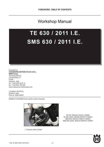 Husqvarna 2011 - TE Sms 630 - Service Workshop Repair Manual