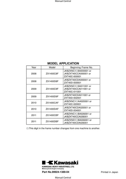 Kawasaki ZZR1400 ZZR 1400 ABS Ninja ZX-14 - 2008 2009 2010 2011 Workshop Service Repair Manual