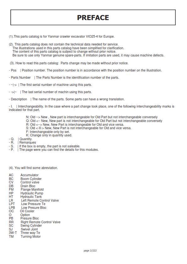 Yanmar Mini Excavator - ViO25-4 - Parts Manual