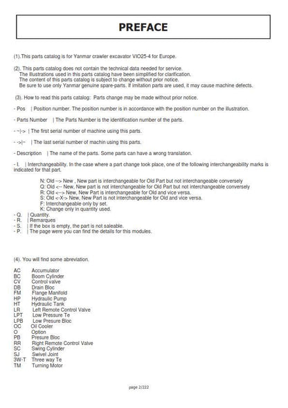 Yanmar Mini Excavator - ViO25-4 - Parts Manual
