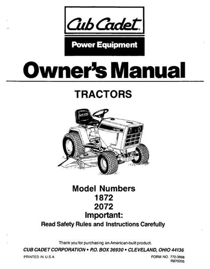 Cub Cadet - 1872 2072 Tractor Owners Manual