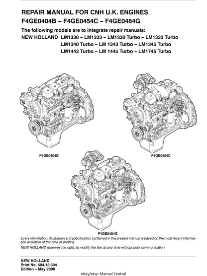 New Holland - CNH UK Engines - F4GE0404B F4GE0454C F4GE0484G - Workshop Service Repair Manual