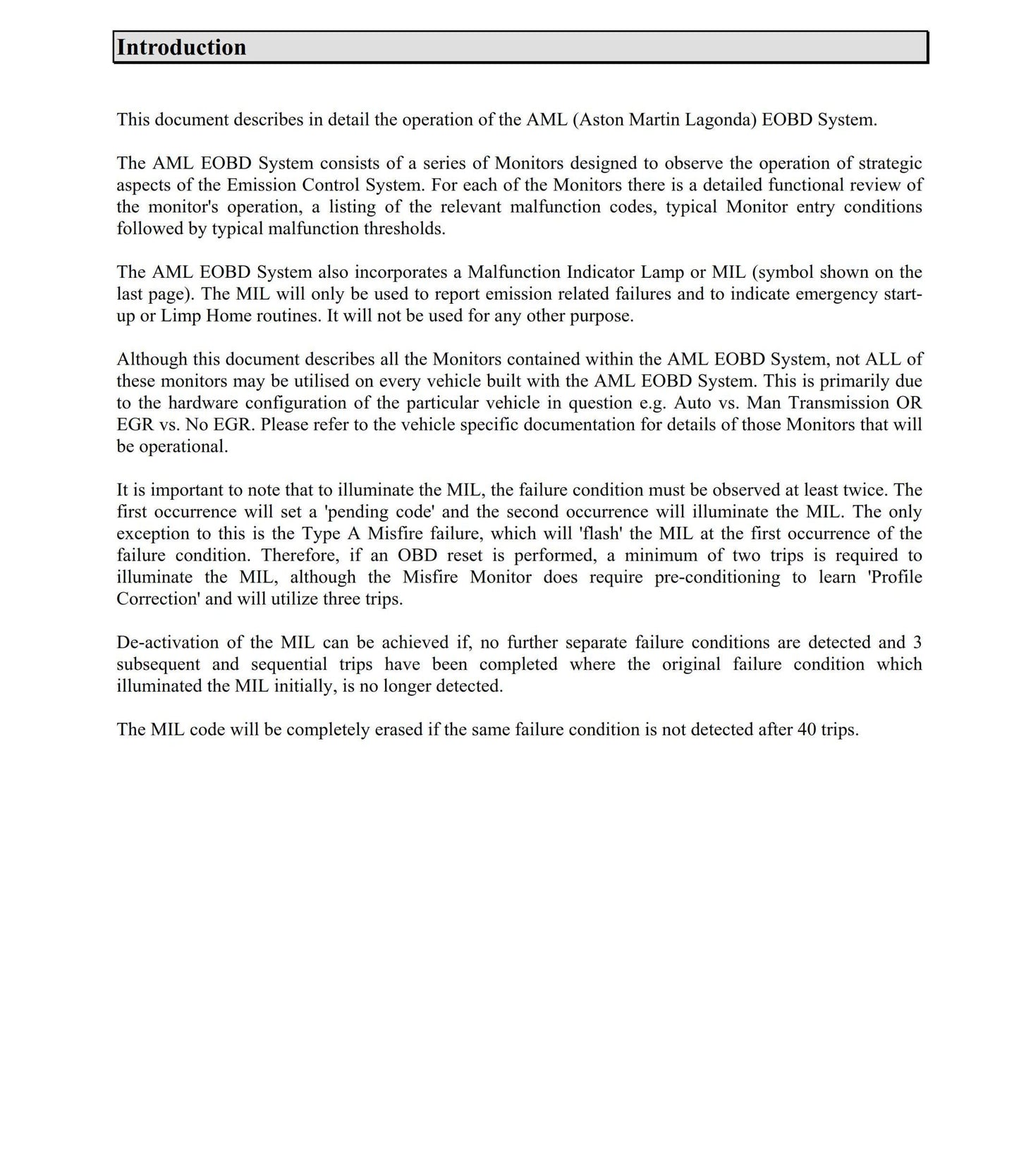 Aston Martin On Board Diagnostics OBD Summary Documentation 2009 Edition