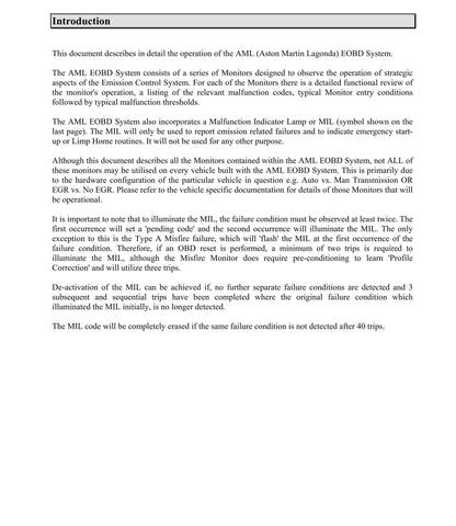 Aston Martin On Board Diagnostics OBD Summary Documentation 2009 Edition