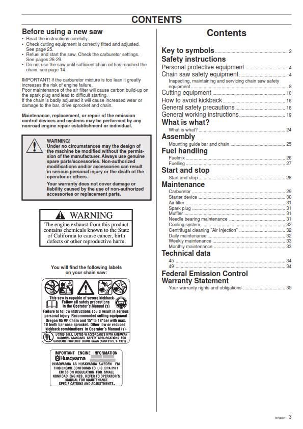 Husqvarna Chainsaw - 45 49 Operator Manual