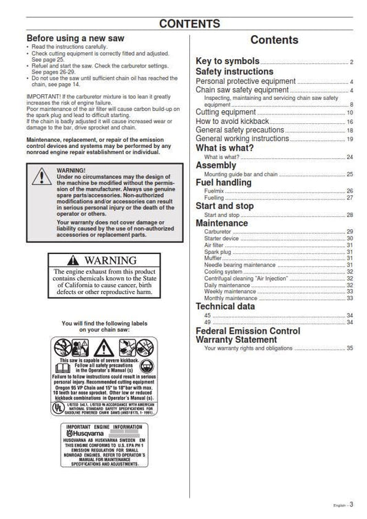 Husqvarna Chainsaw - 45 49 Operator Manual