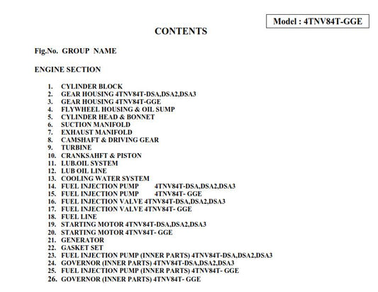 Yanmar Diesel Engine - TNV Series - 4TNV84T-GGE Parts Manual