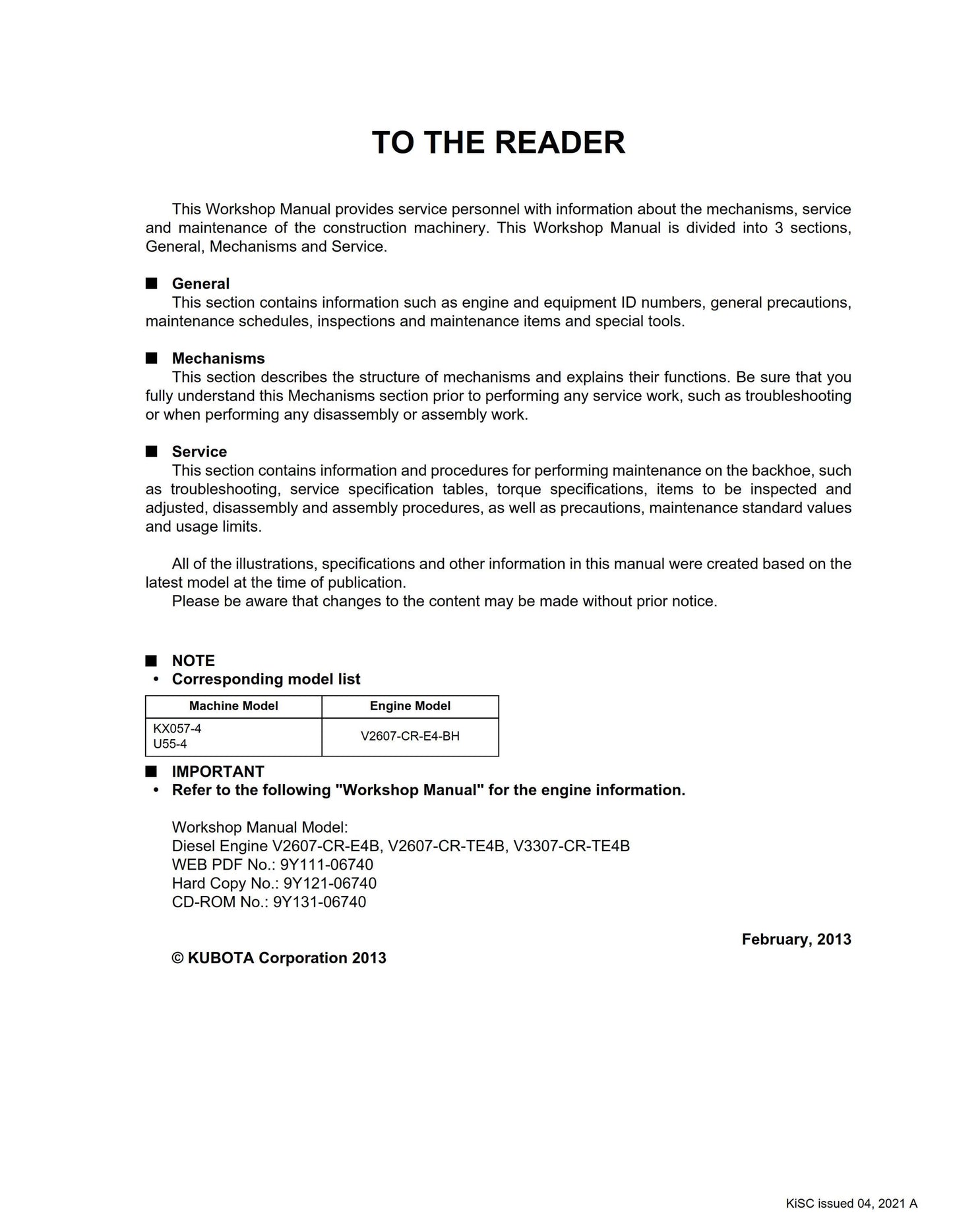 Kubota Excavator - KX057-4 U55-4 - Minor Change Edition 2021 - Service Chapter - Workshop Service Repair Manual