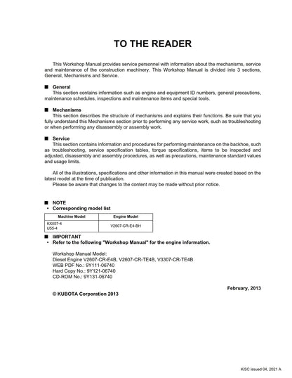 Kubota Excavator - KX057-4 U55-4 - Minor Change Edition 2021 - Service Chapter - Workshop Service Repair Manual