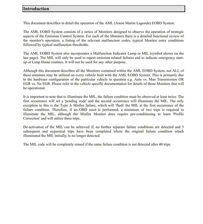 Aston Martin European On Board Diagnostics EOBD Summary Documentation 2010 Edition