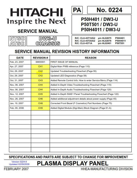 Hitachi Plasma Display Panel - P50H401 P50T501 P50H4011 - Service Manual