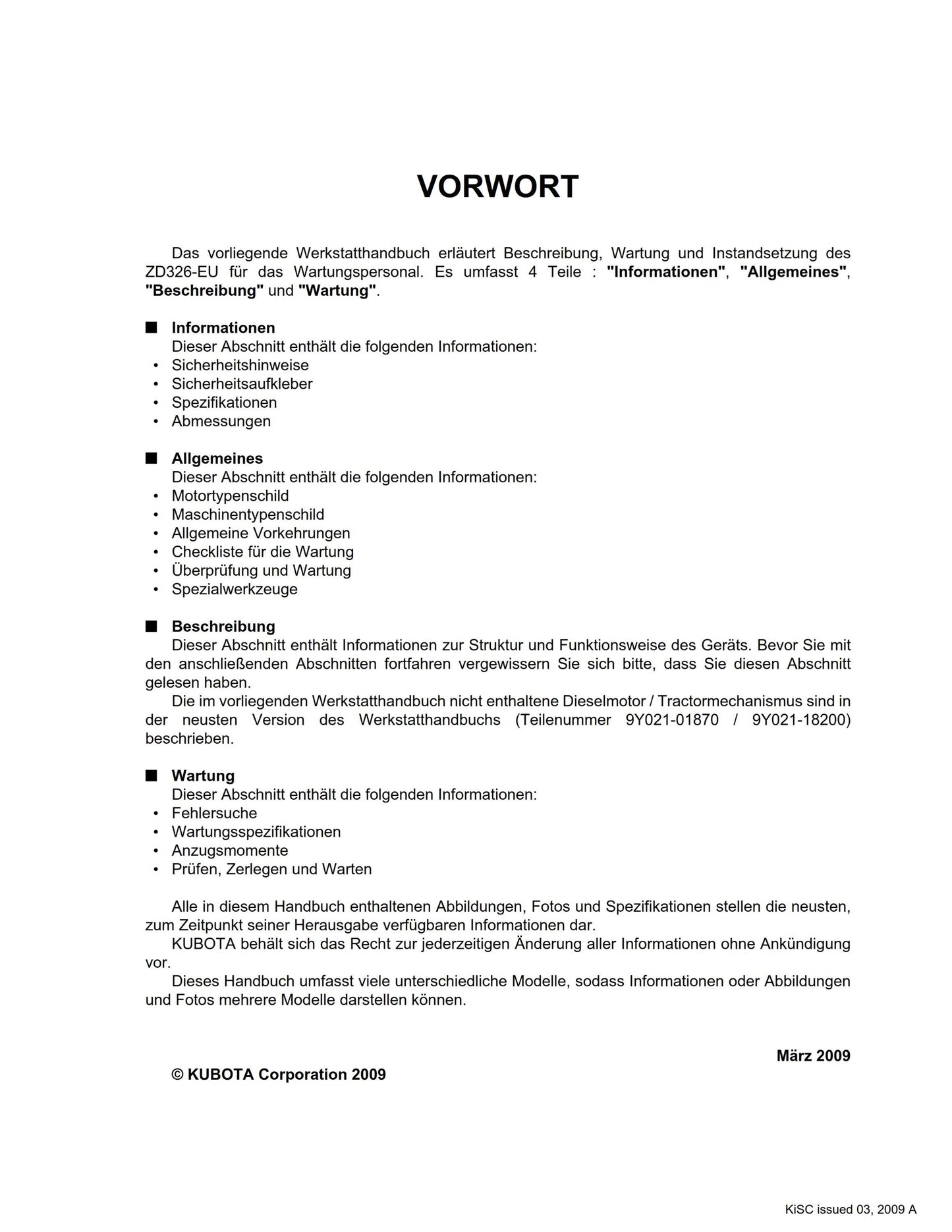 Kubota ZD326-EU - WERKSTATTANLEITUNG