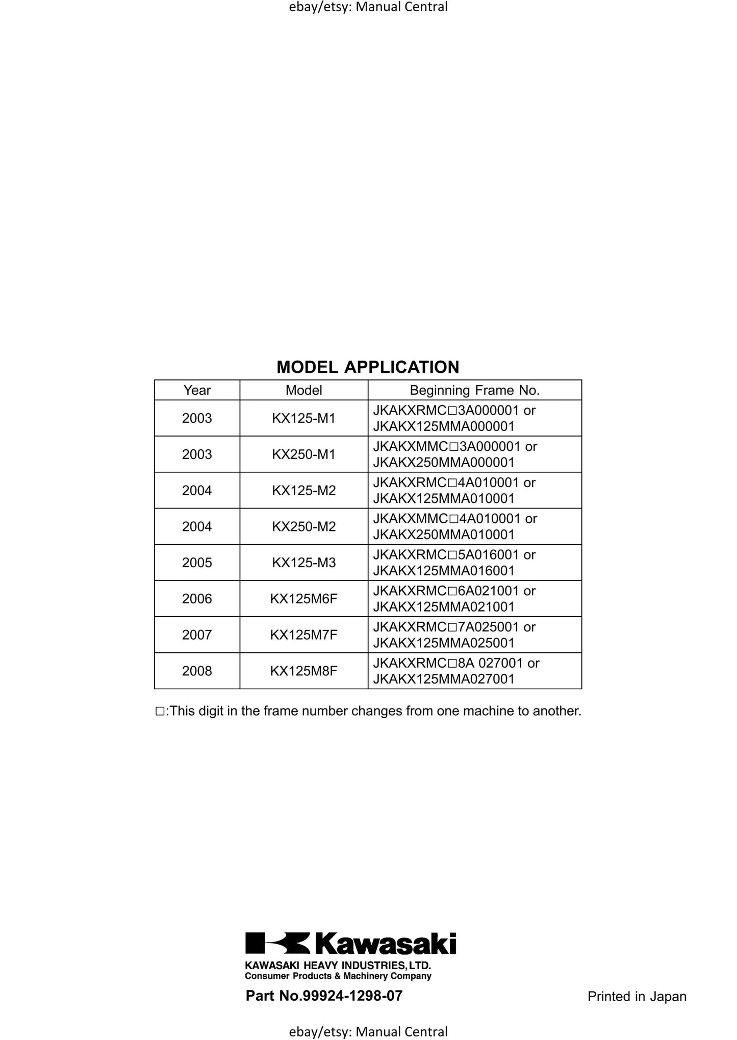 Kawasaki KX125 - 2003 2004 2005 2006 2007 2008 - KX250 2003-2004 - Workshop Service Repair Manual
