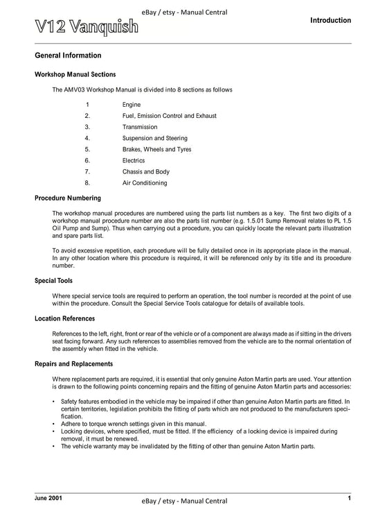 Aston Martin 2001 - 2007 V12 Vanquish - Workshop Service Repair Manual