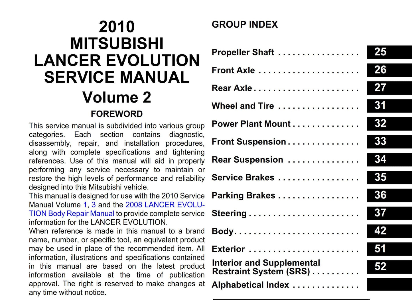 Mitsubishi Lancer Evolution Evo X 10 (2010 Edition)- Workshop Service Repair Manual