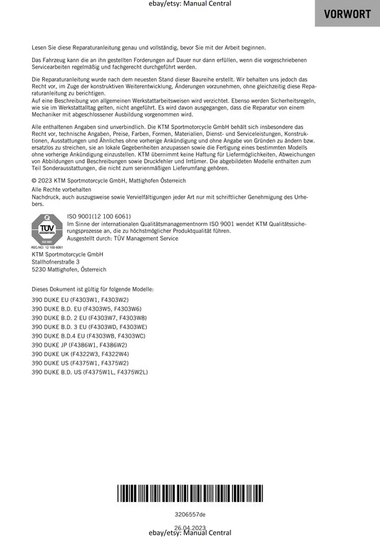 German Language - KTM 2023 - 390 Duke - Reparaturanleitung - Service Workshop Repair Manual