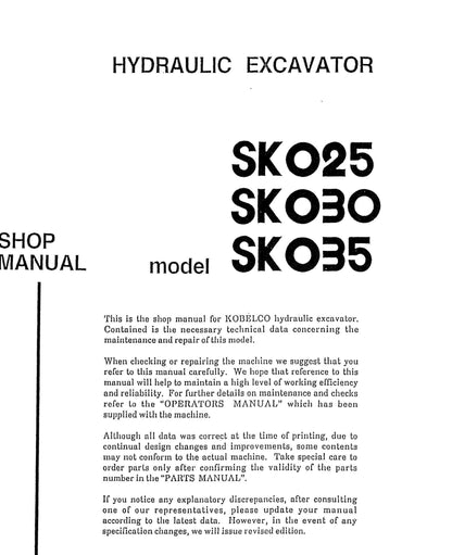 Kobelco - Hydraulic Excavator - SK025 SK030 SK035 - Workshop Service Repair Manual