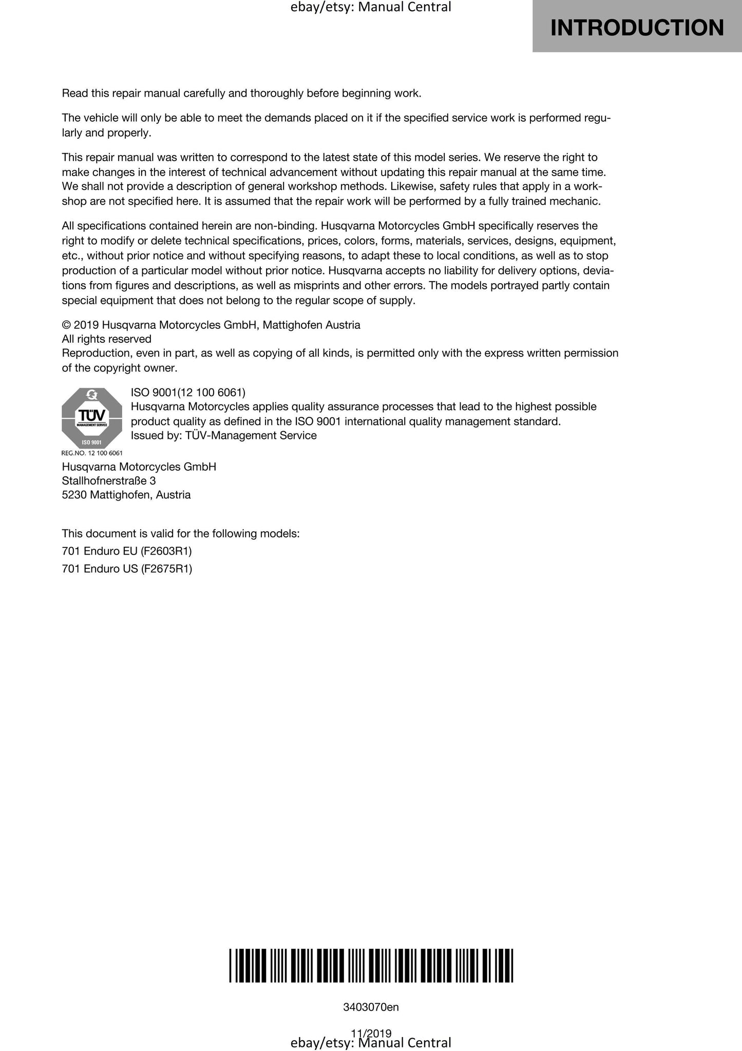 Husqvarna 2018 - 701 Enduro - Workshop Service Repair Manual