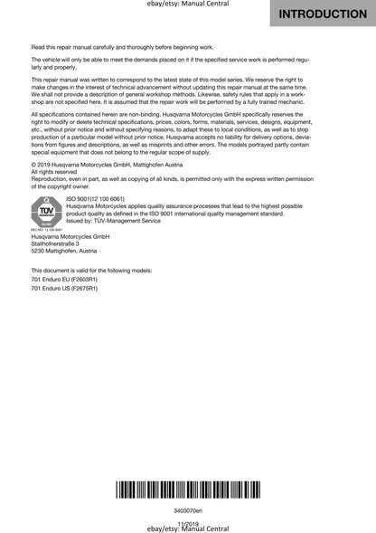 Husqvarna 2018 - 701 Enduro - Workshop Service Repair Manual
