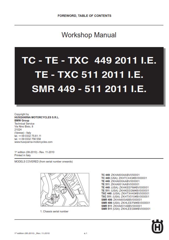 Husqvarna 2011 - Tc Te Te Txc Smr 449 511 - Service Workshop Repair Manual