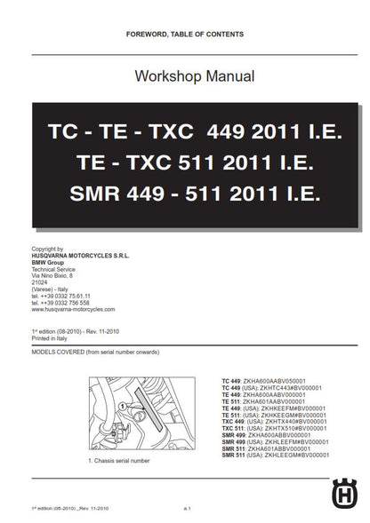 Husqvarna 2011 - Tc Te Te Txc Smr 449 511 - Service Workshop Repair Manual