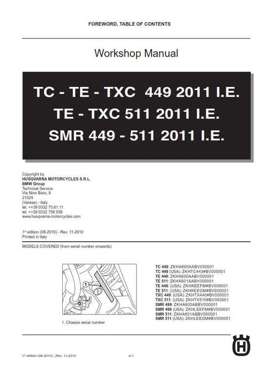 Husqvarna 2011 - Tc Te Te Txc Smr 449 511 - Service Workshop Repair Manual