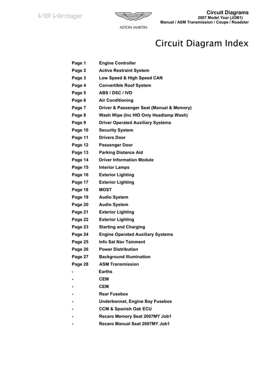 Aston Martin 2007 V8 Vantage - Full set of Wiring Circuit Diagrams