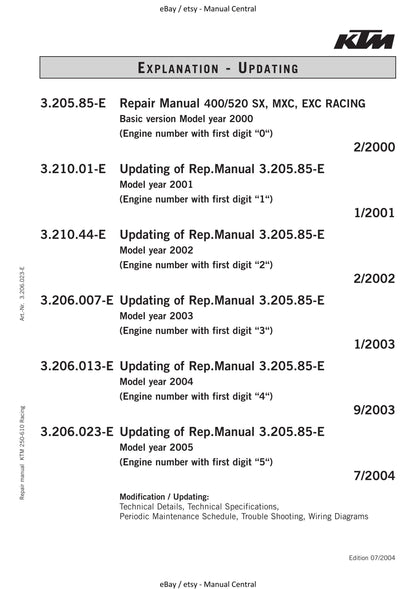 KTM 2000 to 2005 - 250 400 450 520 525 540 610 Exc Sx Mxc Smr Sxs Racing Crate - Engine Service Workshop Repair Manual