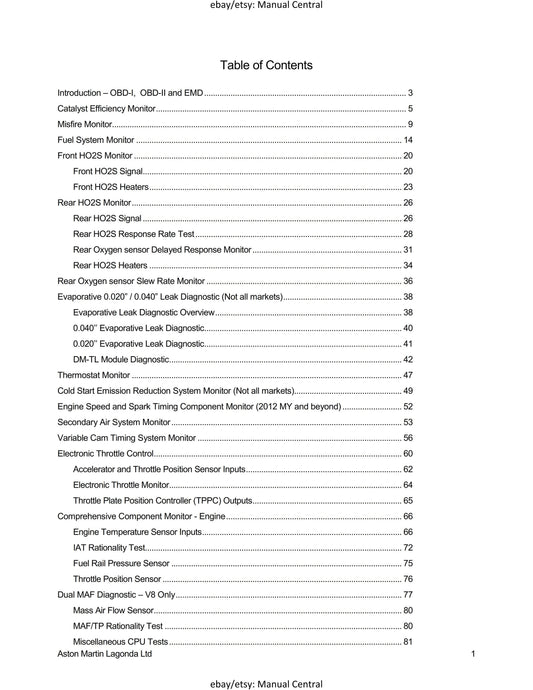 Aston Martin 2014 V8 & V12 OBDII Operation and Description Manual