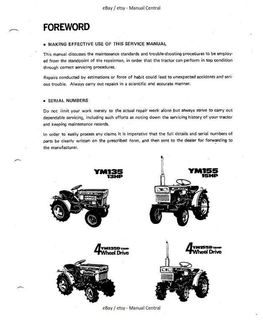 Yanmar Diesel Tractor - YM135 YM135D YM155 YM155D - Service Workshop Repair Manual