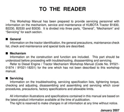 Kubota Tractor - B1830 B2230 B2530 B3030 - Workshop Service Repair Manual - 2007 Edition