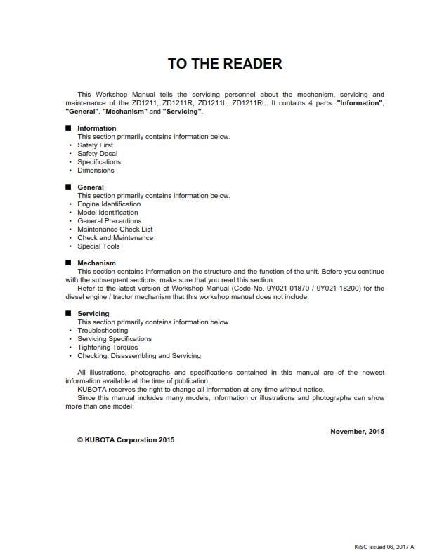 Kubota ZD1211 ZD1211R ZD1211L ZD1211RL - Workshop Service Repair Manual
