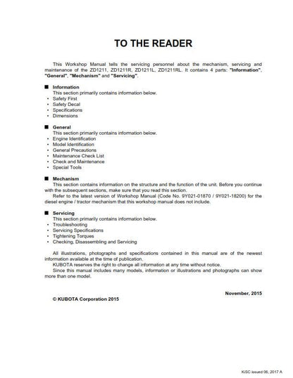Kubota ZD1211 ZD1211R ZD1211L ZD1211RL - Workshop Service Repair Manual